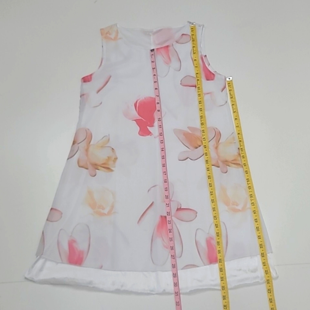 Floral Chiffon Mini Dress Sheer Lined Sleeveless Shift Tunic Boat Neck Flowery - Picture 5 of 17